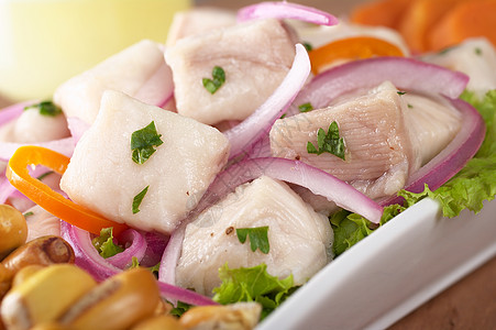 秘鲁 斯蒂尔切维奇香菜洋葱食物水平宏观腌鱼午餐草本植物角鲨白色图片