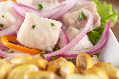 秘鲁 斯蒂尔切维奇白色角鲨洋葱宏观食物蔬菜午餐水平香菜腌鱼图片