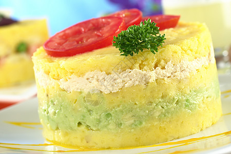 秘鲁Dish 呼叫Causa食物水平香菜照片蔬菜午餐土豆草本植物图片