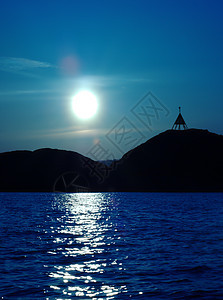 海岸日落适应症射线信号反射岩石天空礁石太阳蓝色支撑背景图片