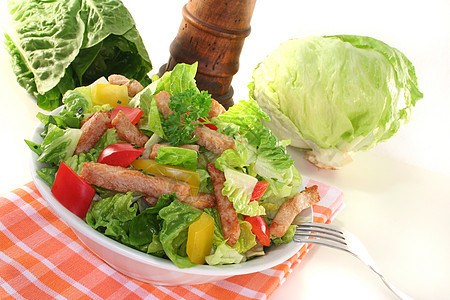 混合沙拉加火鸡条食物红色火鸡黄色绿色蔬菜沙拉维生素草药胡椒图片