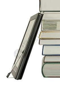 书本和电子图书阅读器堆叠学习教育数字化笔尖读者文学教科书展示电子书小说图片
