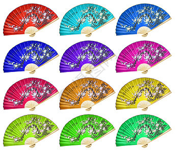 中国风扇蓝色紫色橙子戏剧覆盆子文化绿色宏观艺术扇子图片