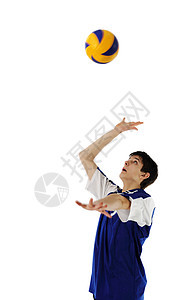 高空排球运动员与球一起飞行竞争玩家海滩防御闲暇活动游戏男人服务比赛图片