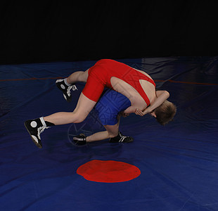 两个摔跤手 希腊罗曼摔跤风格白色蓝色单线运动成人肌肉男性红色工作室图片