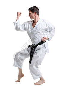 空手道 和服里有白色背景的人黑色身体教育活动跆拳道斗争男性武术罢工腰带图片