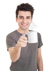 男人拿着杯子灰色喜悦幸福白色男性成人青年微笑快乐咖啡图片