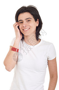 手机上的临时女人技术女性讲话白色青年手镯幸福女士微笑细胞图片