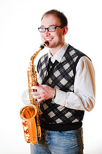 一个带萨克斯风的人的肖像眼镜萨克斯手玻璃萨克斯管乐器幸福音乐演奏家微笑图片