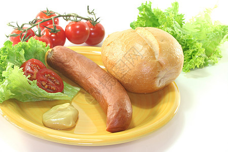 法兰克福香肠面包沙拉烹饪食物饮食盘子厨房香菜图片
