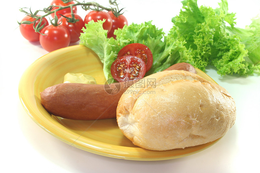 法兰克福香肠食物烹饪面包盘子饮食香菜厨房沙拉图片