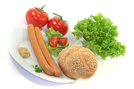 维纳香肠食物盘子香菜饮食面包厨房芝麻沙拉包子图片