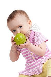 粉红吃苹果的小女孩宝宝粉色微笑童年孩子婴儿女孩绿色幸福白色乐趣图片