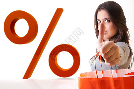 女性和百分数购物销售白色购物者女士售货员零售女孩商业折扣背景图片