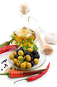 香料和橄榄油水果胡椒血管味道食物成套瓶子餐具作品烹饪图片