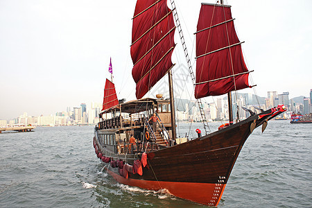 香港港帆帆船玻璃桅杆游客运输蓝色旅行港口摩天大楼旅游顶峰背景图片