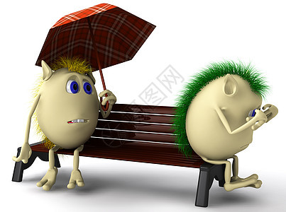 两个不开心的木偶坐在棕色长椅上图片
