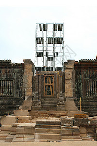 占巴塞Wat Phu高棉寺庙城堡雕像建筑学游客高棉语宗教废墟历史旅行岩石背景