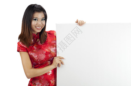 带空白标志的东方女孩广告快乐手势衣服传统微笑旗袍文化海报裙子图片