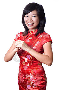 中国新年快乐旗袍美丽运气手势快乐多样性庆典衣服节日季节图片