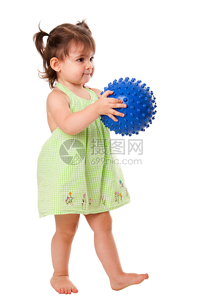 快乐的小孩女孩与球喜悦蓝色绿色女孩尖刺女性孩子儿童乐趣图片