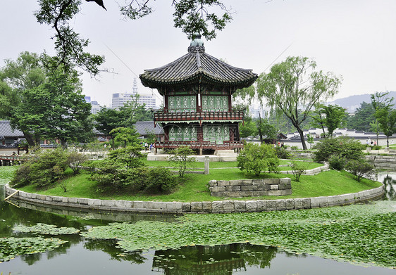 在汉城的花园里城市植物蓝色国家旅游房子古董建筑学水池文化图片