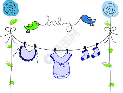 婴儿男孩服装线插图鞠躬细绳淋浴生日衣服鸟类围兜艺术卡通片图片