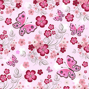粉粉无缝花纹紫色叶子粉色棕色雕刻墙纸红色蝴蝶插图装饰品背景图片