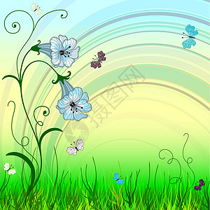 春季背景背景花瓣雕刻海浪蝴蝶插图绿色天空风格射线灰色图片
