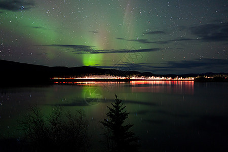 湖边黑暗路面的星光和北极光镜子北极星磁层反射星星磁场场地夜星粒子天文学图片