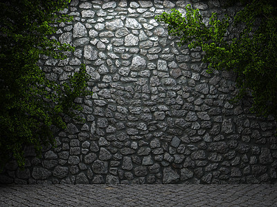 开明的石墙和常春藤护岸石工建筑石头矩形斑点石方植物纹理橙子图片