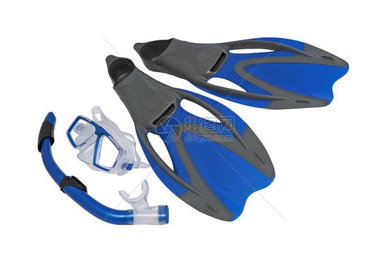 面罩上有滑动和潜水脚蹼塑料蓝色设备眼镜衣服运动蹼状闲暇浮潜图片