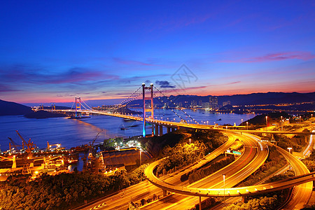香港日落时的清马桥蓝色运输车辆旅行地标交通建筑速度天空图片