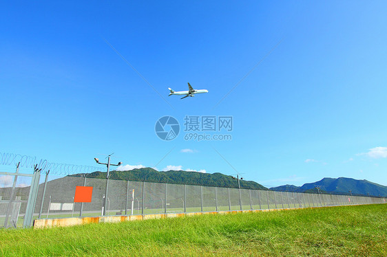 飞机白天飞越草地上空图片