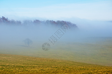 秋天降雾高地阴霾草地天空湿度蓝色天气季节性薄雾图片