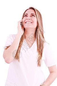 医疗专业人员在她手机上交谈的情况头发听筒擦洗细胞金发女郎博士外科耳朵降压药耳塞图片