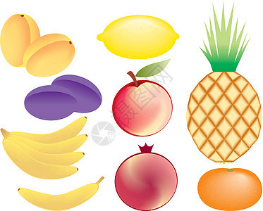成套水果矢量叶子红色绿色石榴插图黄色热带柠檬食物香蕉图片