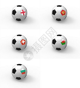 2012 年欧洲杯 带旗帜的足球 — G 组 — 英格兰 黑山 瑞士 威尔士 保加利亚背景图片