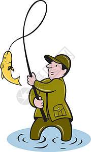 渔捞鱼的钓鱼鳍鱼缫丝艺术品飞鱼插图卷轴卡通片男性男人图片