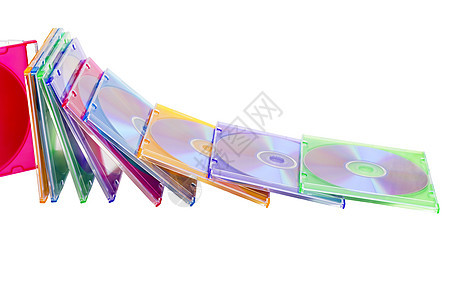 堆积在堆积成堆的盒子中的彩色 DVD塑料红色白色技术袖珍黄色案件绿色盖子紫色图片