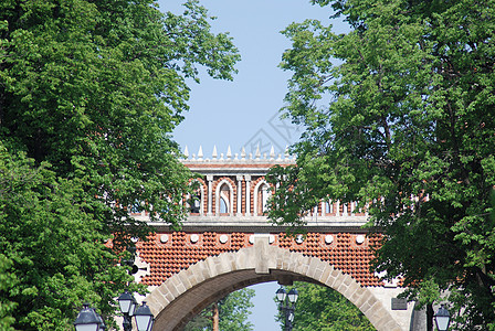 桥在夏天 莫斯科的叶卡捷琳娜王后宫殿 扎里齐诺博物馆建筑历史女王建造公园装饰品津诺建筑学合奏图片