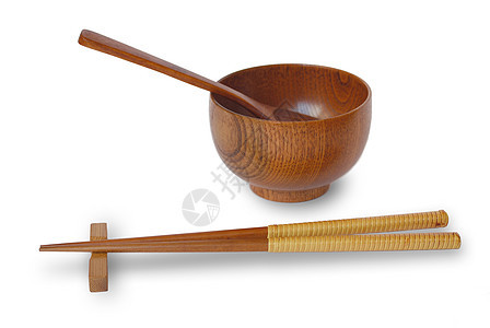 白纸上隔绝的木碗棍棒食物白色用具木头烹饪竹子持有者配件文化寿司图片