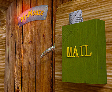 在老鼠先生家的木门上查看街道入口邮件房子工作室送货木头住宅盒子建筑图片
