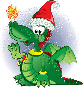 身戴圣诞老人帽子的绿色滑稽龙白色十二生肖恐龙童话卡通片怪物翅膀乐趣图片
