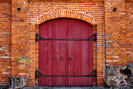 红砖墙红色门入口建筑木头古董建筑学背景图片