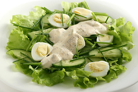 配有鸡蛋的沙拉白色食物洋葱黄瓜黄色奶油盘子绿色饮食午餐图片