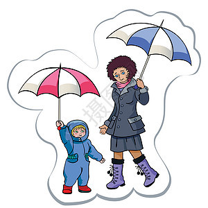 在雨下儿子孩子男生阳伞微笑卡通片插图孩子们乐趣灰色图片