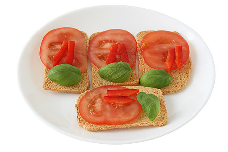番茄烤面包盘子早餐小吃野餐食物面包背景图片