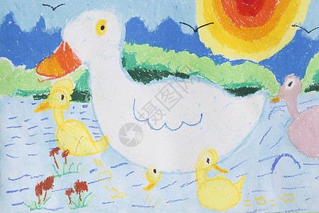 鸭子家庭儿童绘画画像母亲羽毛小鸭子孩子彩植物图片