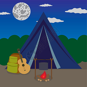 秋天边框夜间露营营地旅行成就帐篷活动工具成套假期闲暇享受插画